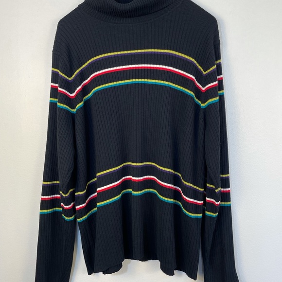 Women’s turtle neck stripe black sweater with pops of color rib knit size L - Picture 9 of 12